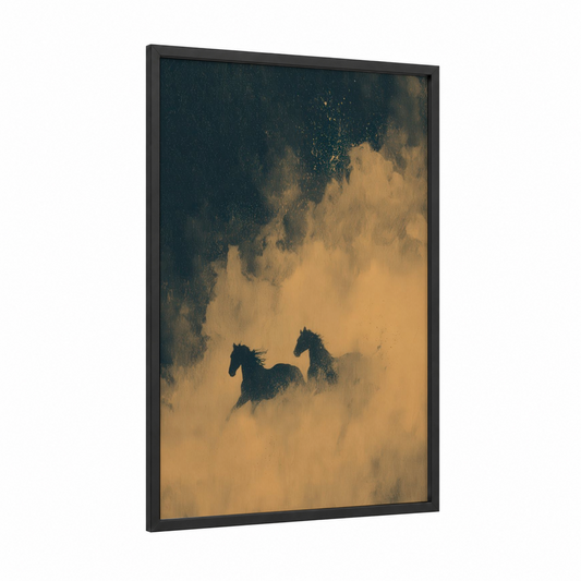 Desert Racers framed horse racing print — black wood frame — gold and dark blue palette