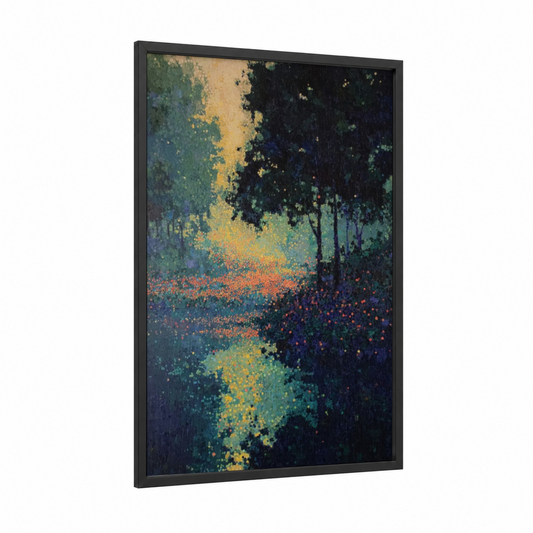 Twilight Fireflies framed art print — black wood frame — gold and dark blue palette