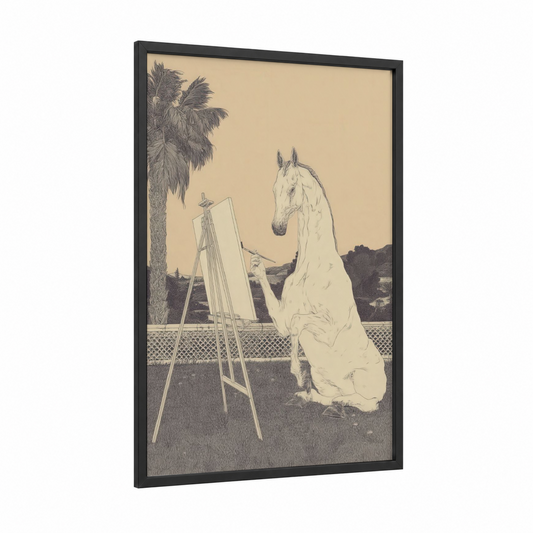 Artistic Andalusian framed andalusian horse print — black wood frame — beige and black and white palette