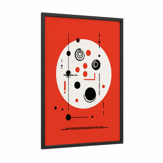 Geometric Orbit framed abstract geometric print — black wood frame — red and black and white palette