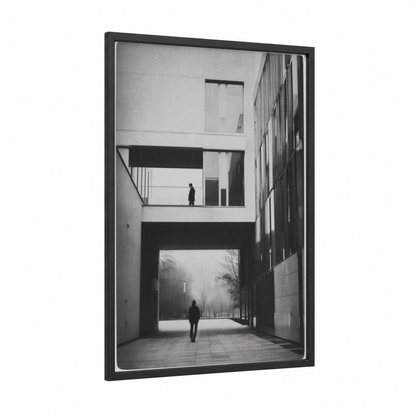 Urban Solitude framed abstract architecture print — black wood frame — black and white and gray palette