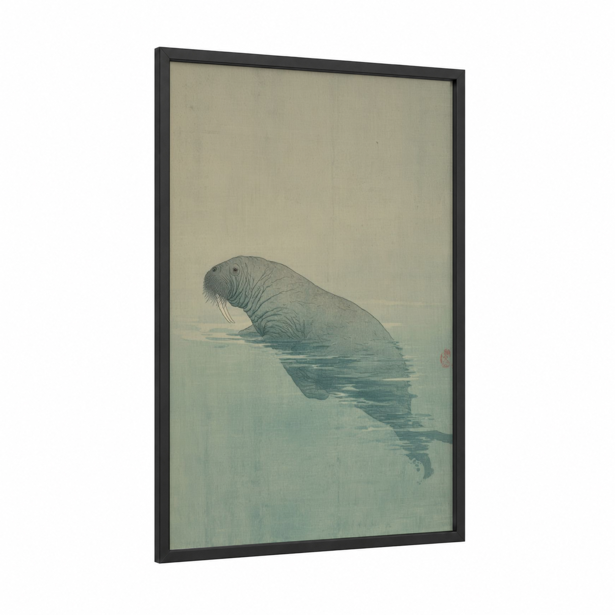 Serene Walrus framed art print — black wood frame — gray and blue and gray palette