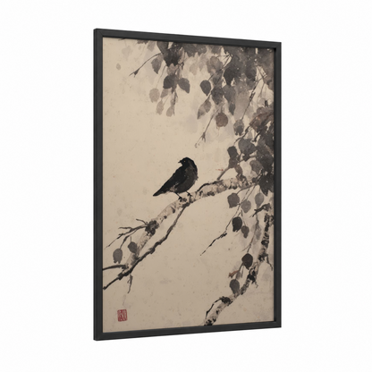 Snowy Birch Perch framed birch tree print — black wood frame — black and white and gray palette