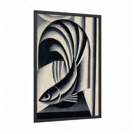 Flowing Betta Fish framed fighting fish print — black wood frame — black and white and gray palette