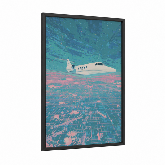 Retro Jet Dreamscape framed private jet print — black wood frame — turquoise and salmon pink palette