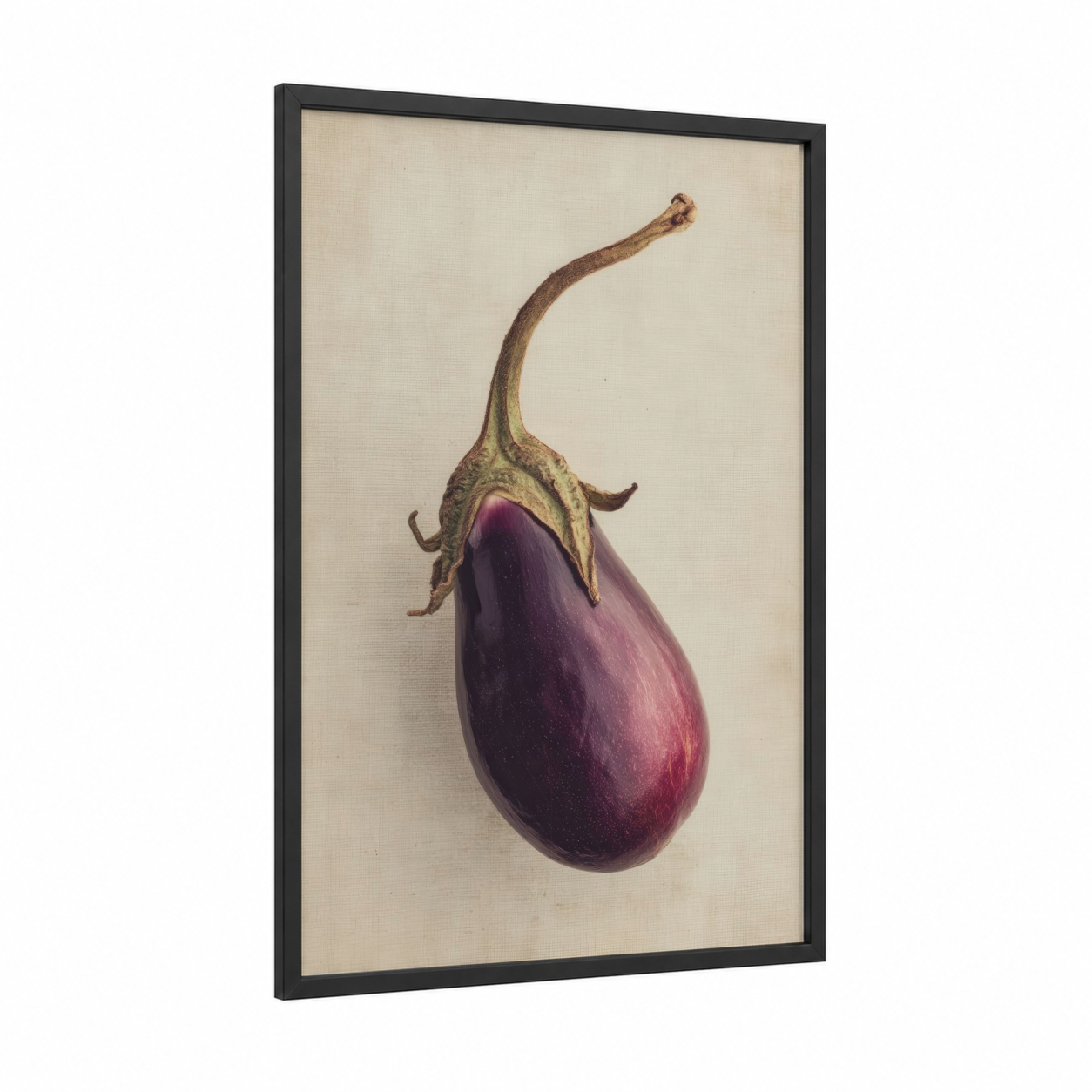 Purple Eggplant Study framed vegetable print — black wood frame — magenta and sage green palette