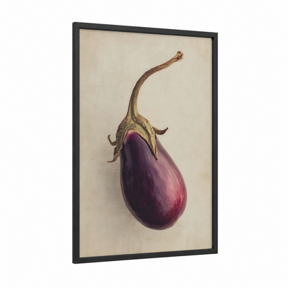 Purple Eggplant Study framed vegetable print — black wood frame — magenta and sage green palette