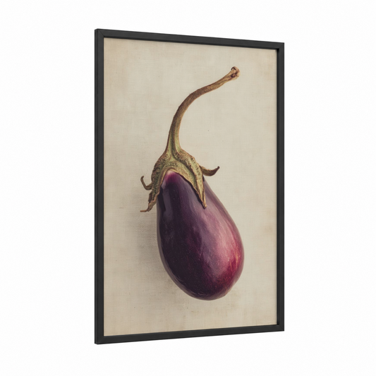 Purple Eggplant Study framed vegetable print — black wood frame — magenta and sage green palette