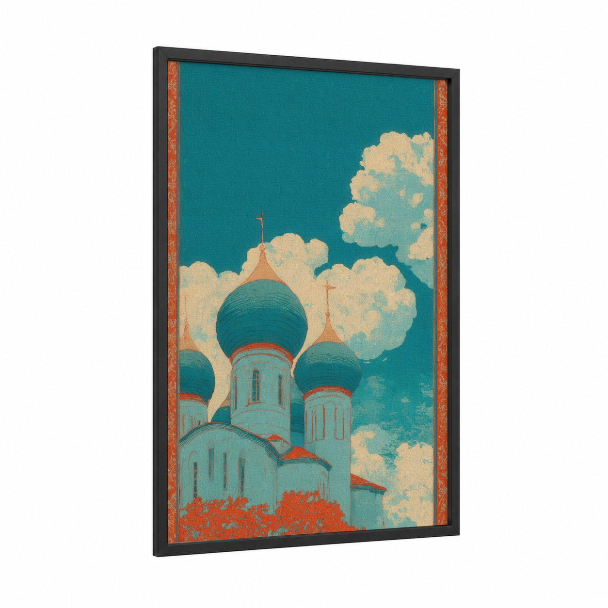 Turquoise Cathedral framed churches and chapels print — black wood frame — teal and gold and white palette