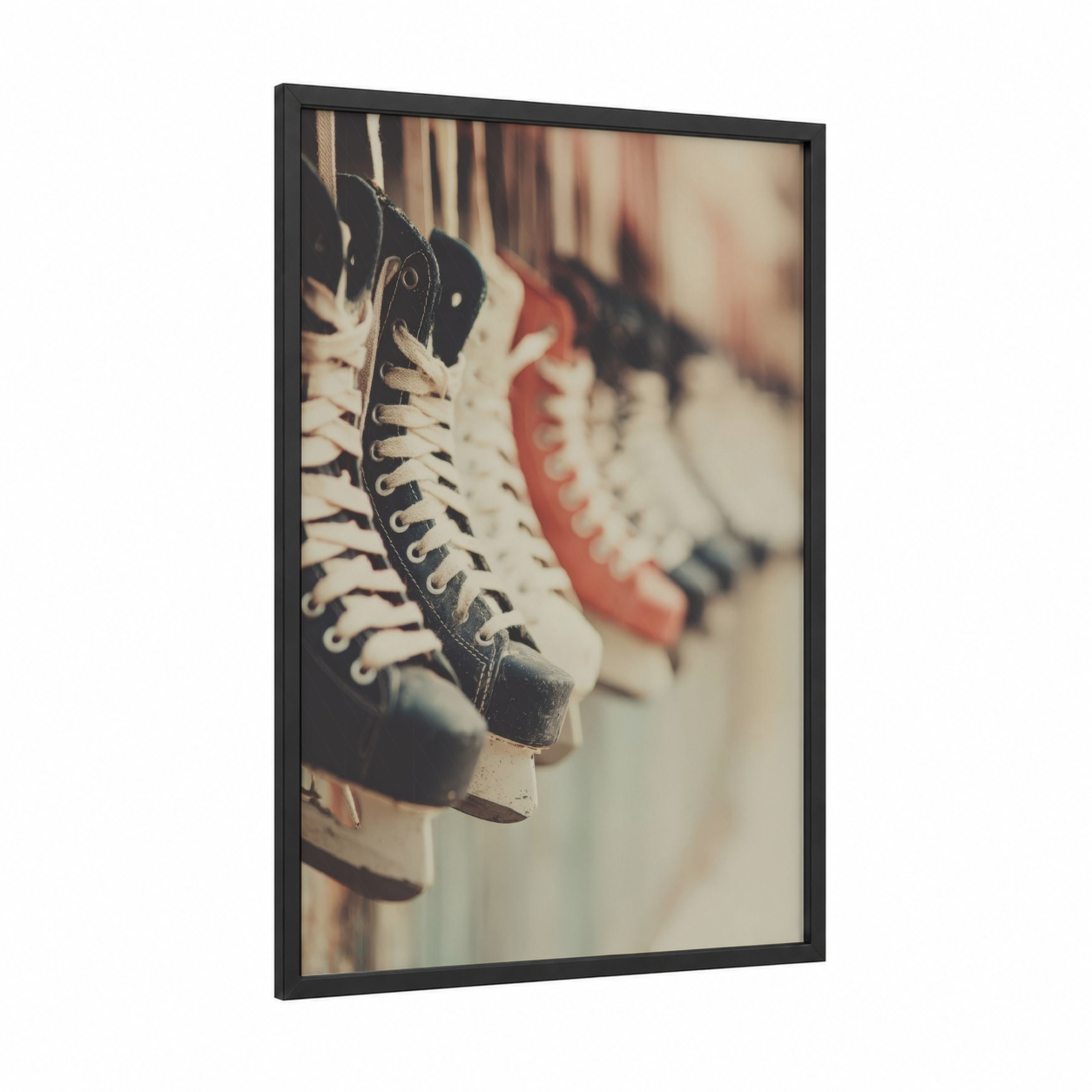 Vintage Hockey Skates framed ice hockey print — black wood frame — black and peach palette