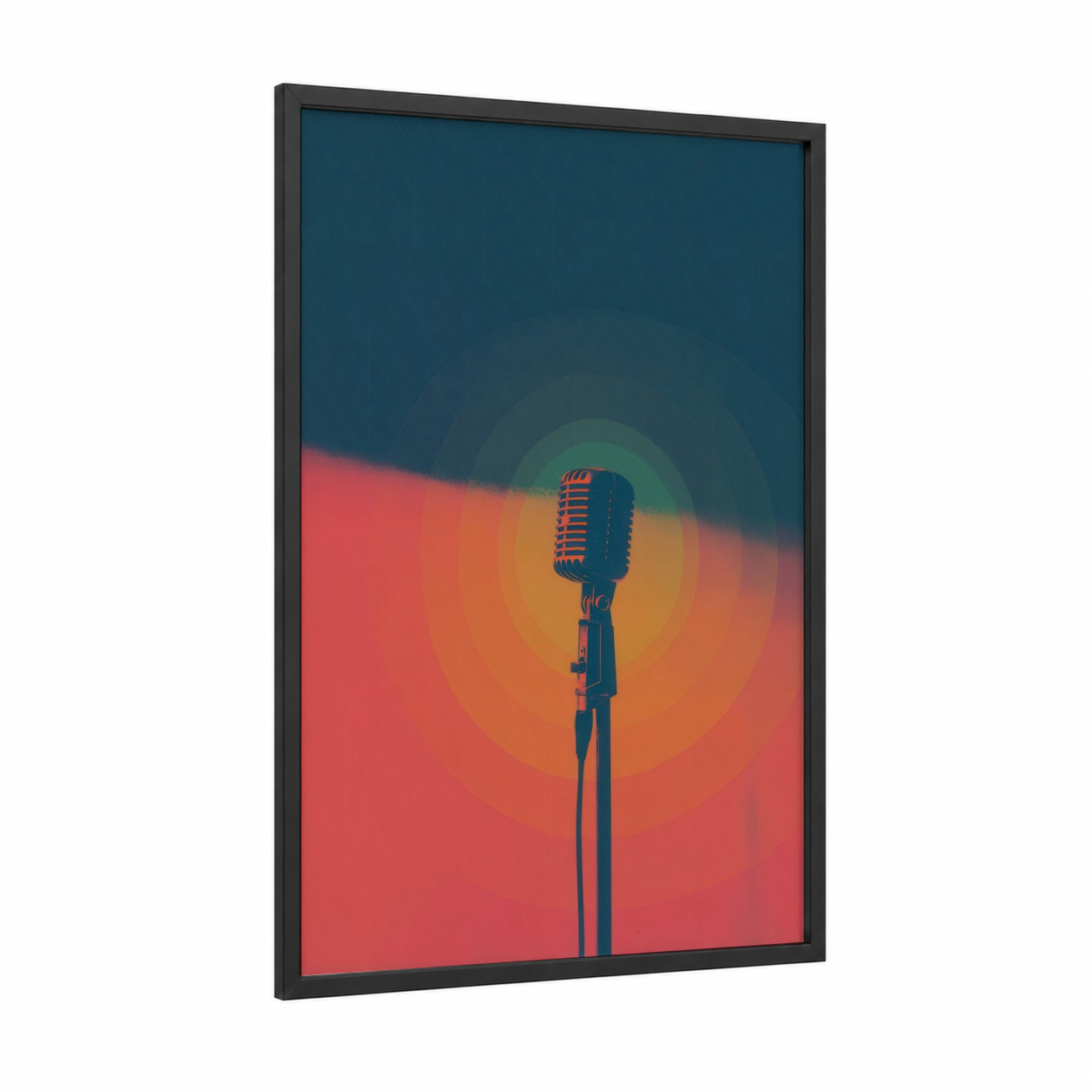 Vintage Microphone framed art print — black wood frame — blue and gold and orange palette