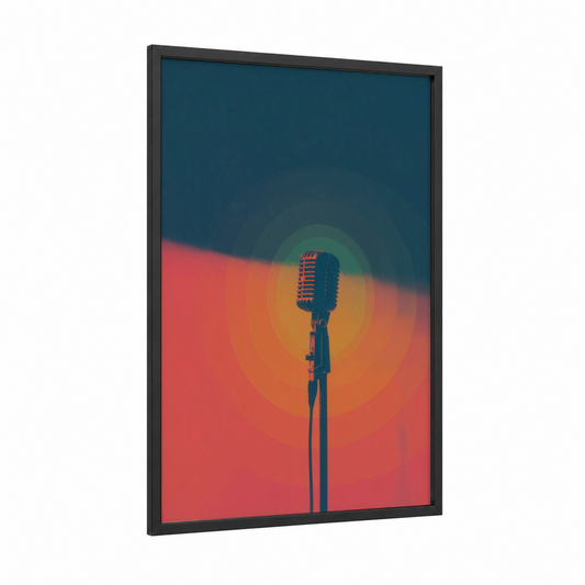 Vintage Microphone framed art print — black wood frame — blue and gold and orange palette