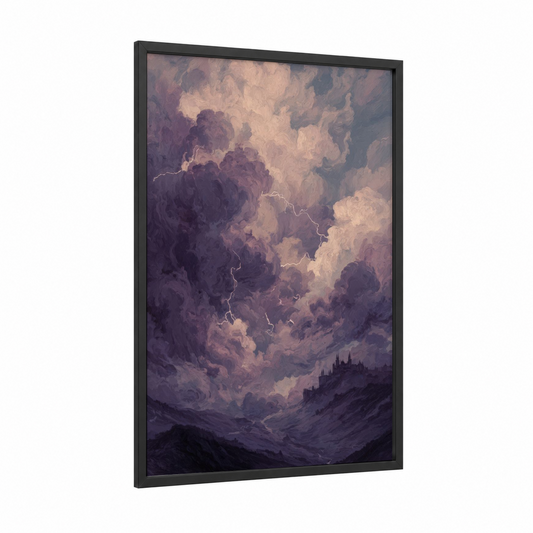Tempest Castle framed storm print — black wood frame — purple and cream palette