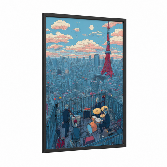 Tokyo Rooftop Jam framed comic books print — black wood frame — blue and salmon pink palette