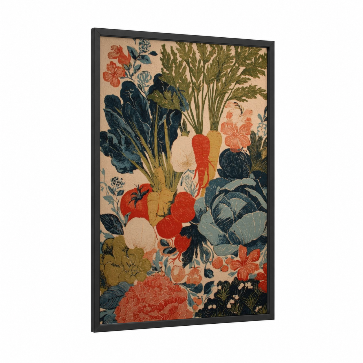 Harvest Garden Abundance framed vegetable print — black wood frame — sage green palette