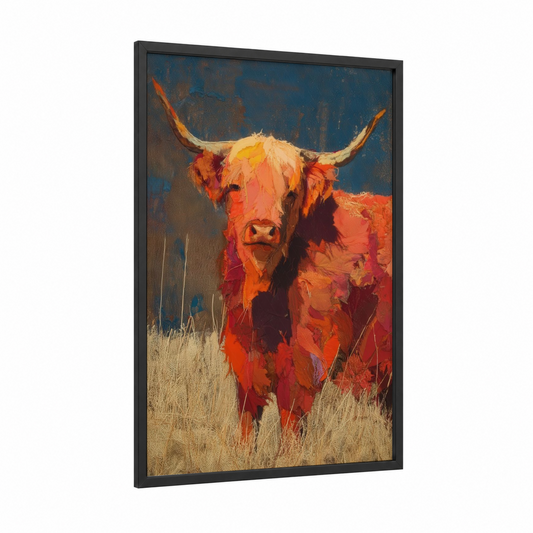 Golden Highland Cattle framed highland cow print — black wood frame — gold and dark blue palette