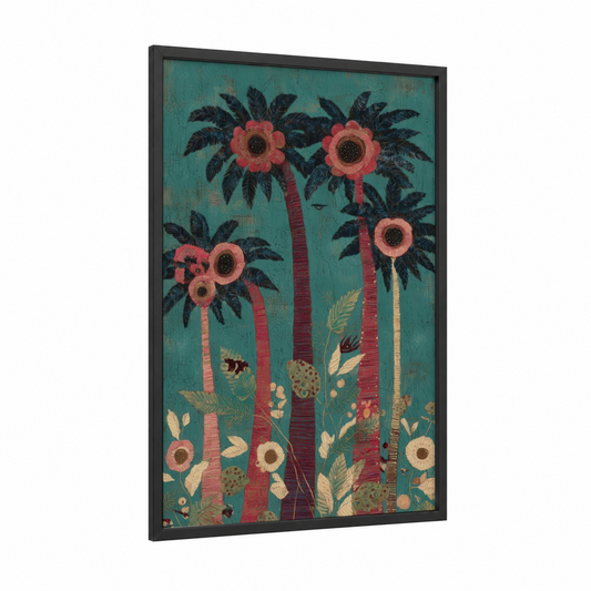 Coral Palm Sanctuary framed palm tree print — black wood frame — teal and salmon pink palette