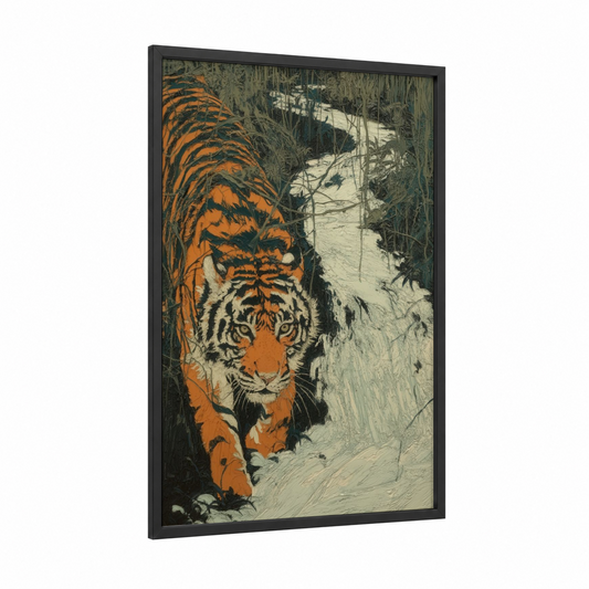 Snowy Tiger framed art print — black wood frame — orange and white palette