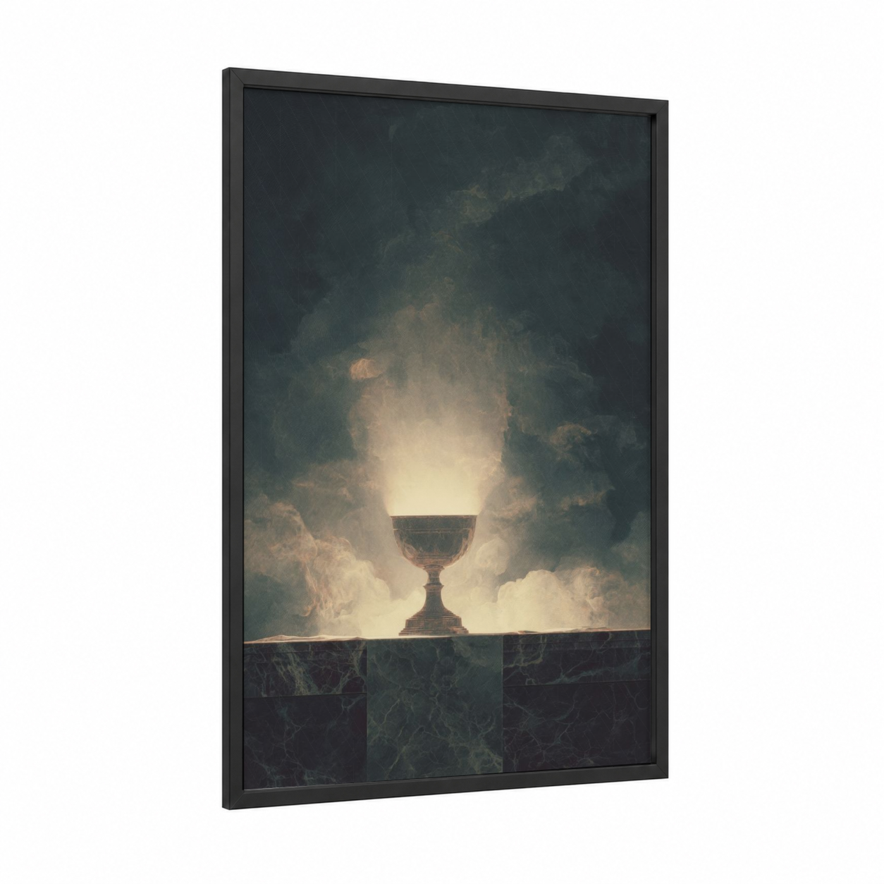 Chalice Light framed christian symbols print — black wood frame — dark green and gold palette