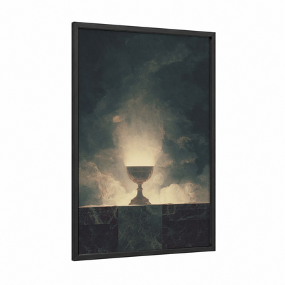Chalice Light framed christian symbols print — black wood frame — dark green and gold palette