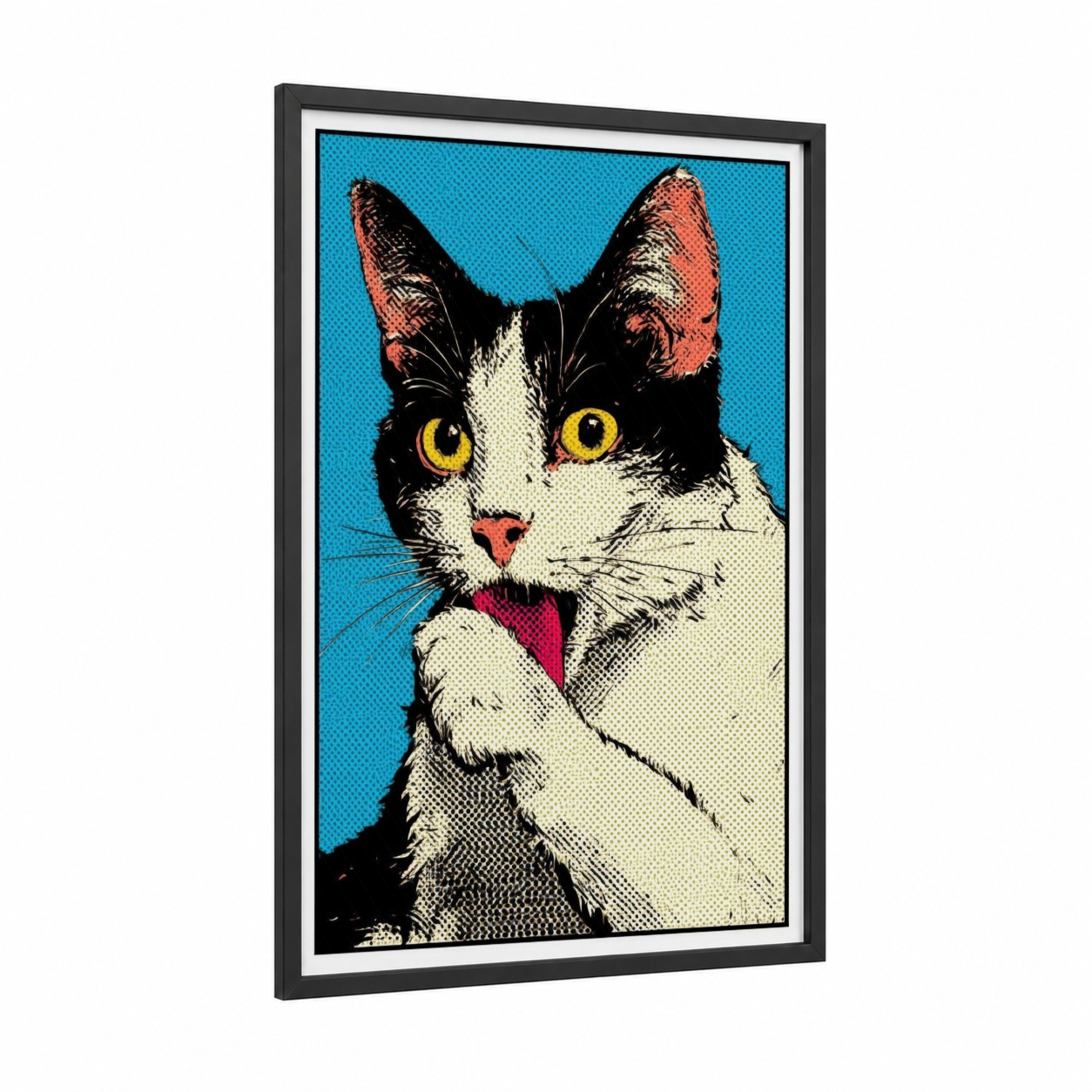 Pop Art Cat framed art print — black wood frame — blue and orange palette