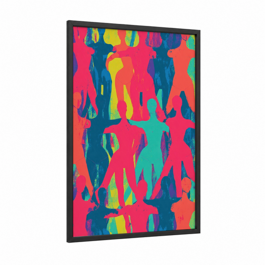 Colorful Gymnastics Silhouettes framed art print — black wood frame — magenta and blue palette