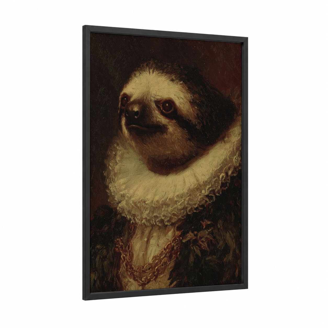 Aristocratic Sloth framed art print — black wood frame — maroon and gold palette