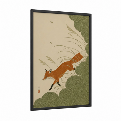 Japanese Fox in Grass Wall Art framed art print — black wood frame — beige and sage green palette