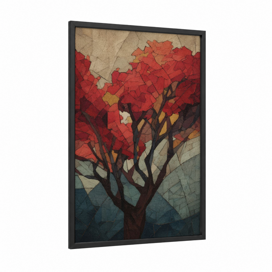 Crimson Arbutus framed arbutus tree print — black wood frame — red and brown palette