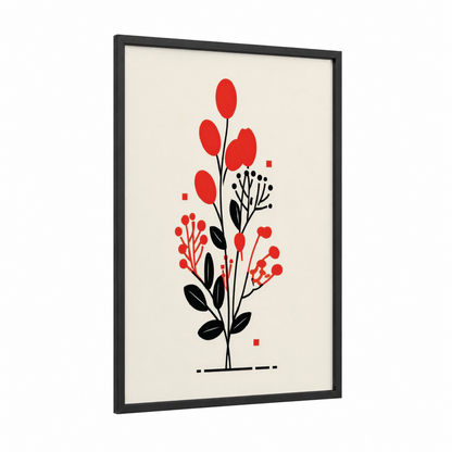Geometric Red Florals framed abstract flower print — black wood frame — red and black and white palette