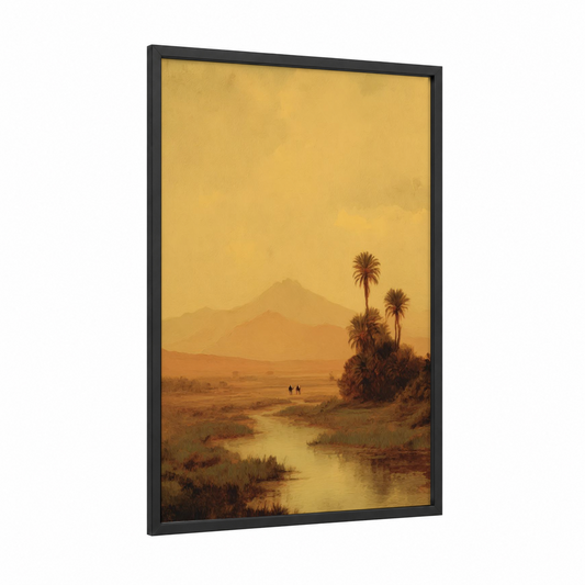 Golden Oasis framed art print — black wood frame — yellow gold and russet palette