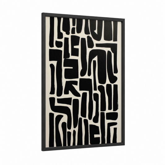 Geometric Abstractions framed abstract minimalist print — black wood frame — black and white palette