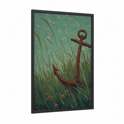 Rustic Anchor Field framed art print — black wood frame — teal and russet palette