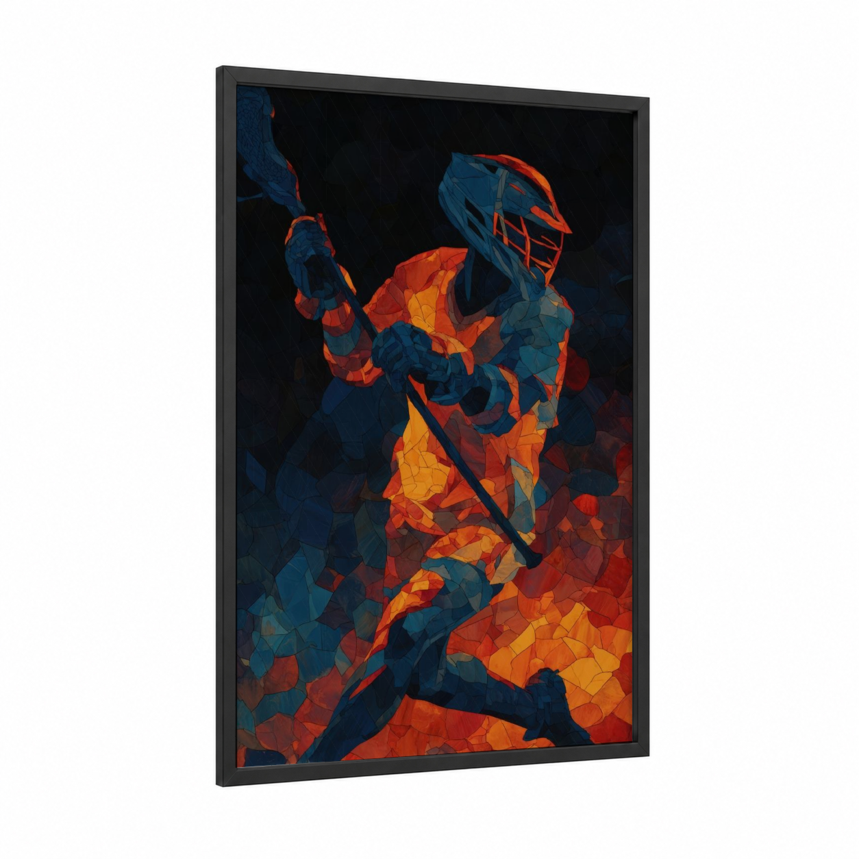 Dynamic Lacrosse Player framed art print — black wood frame — blue and orange palette