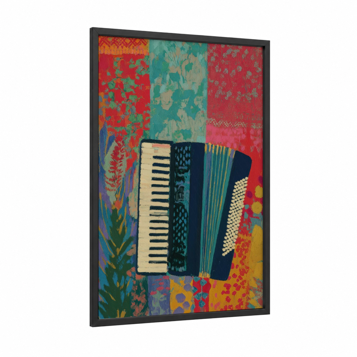 Colorful Accordion framed art print — black wood frame — red and gold palette