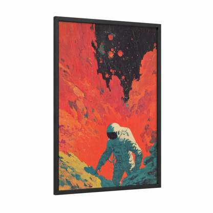 Crimson Astronaut framed art print — black wood frame — red and orange palette