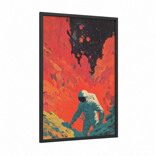 Crimson Astronaut framed art print — black wood frame — red and orange palette