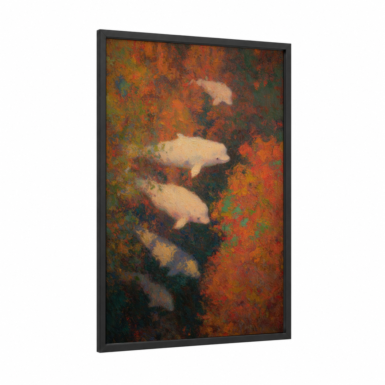Cream Whales framed beluga whale print — black wood frame — gold palette