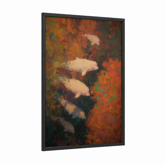 Cream Whales framed beluga whale print — black wood frame — gold palette