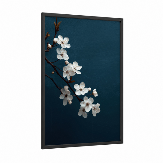 Teal Blossom Branch framed cherry blossoms print — black wood frame — blue and white and teal palette