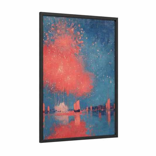 Fireworks Cityscape framed 4th of july print — black wood frame — red and blue palette