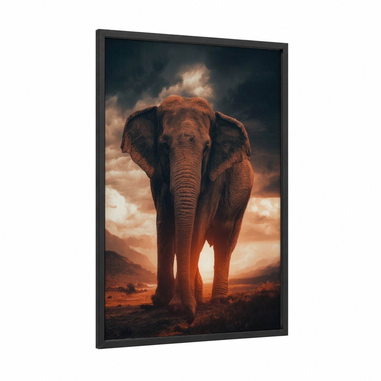 Golden Elephant Sunrise framed asian elephant print — black wood frame — gold and russet palette