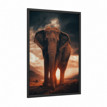 Golden Elephant Sunrise framed asian elephant print — black wood frame — gold and russet palette