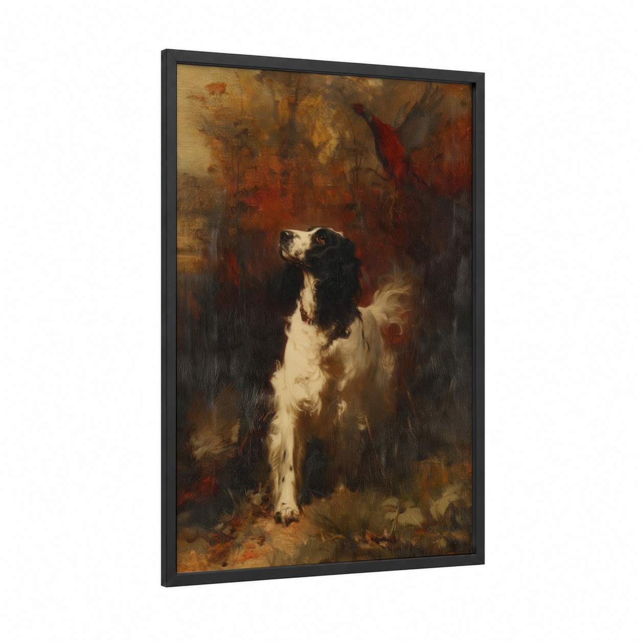 Regal Spaniel framed art print — black wood frame — russet and gold palette