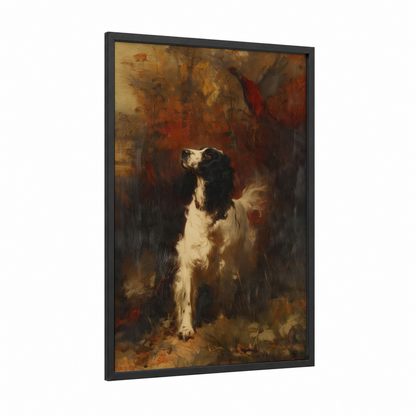 Regal Spaniel framed art print — black wood frame — russet and gold palette
