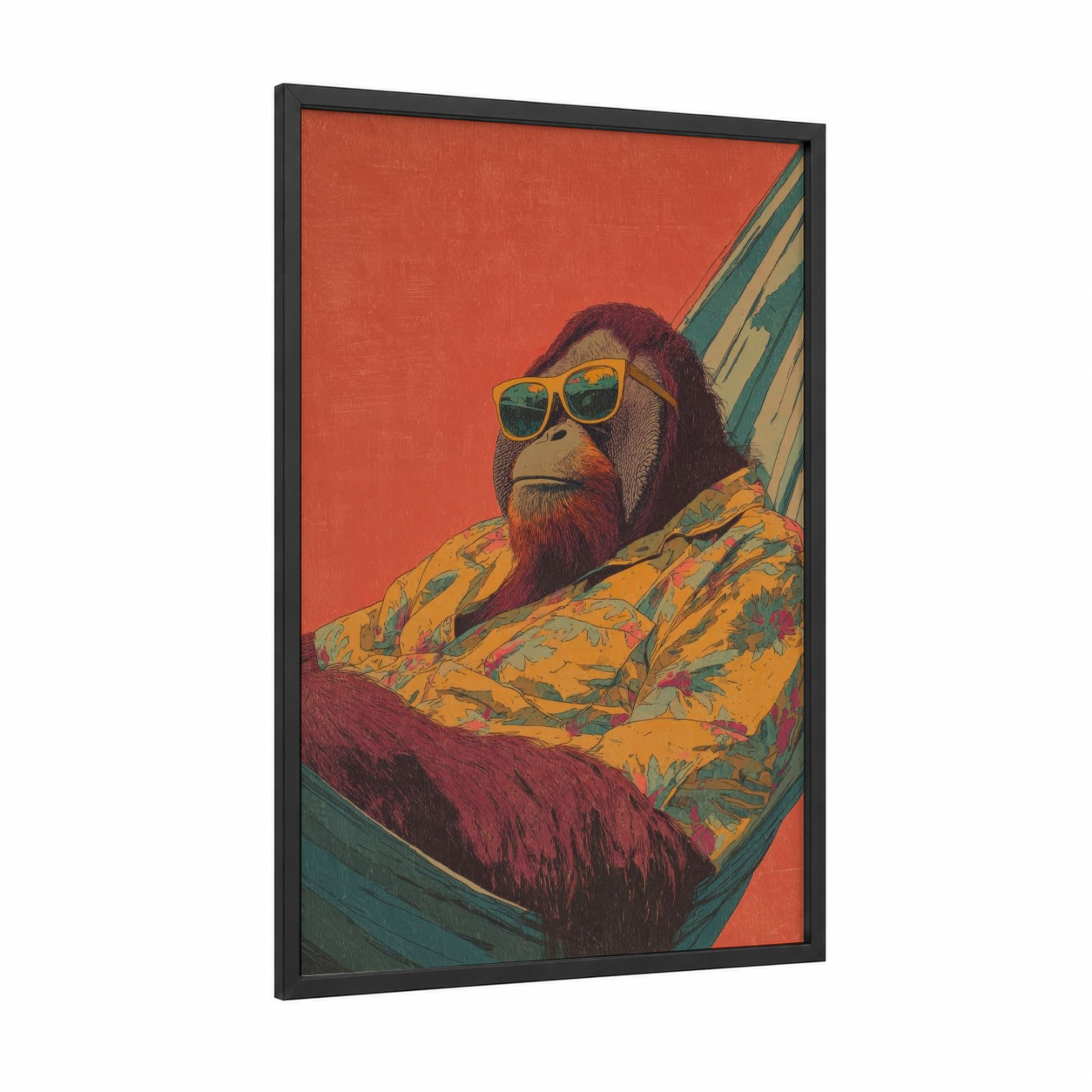 Cool Orangutan framed art print — black wood frame — red and gold palette