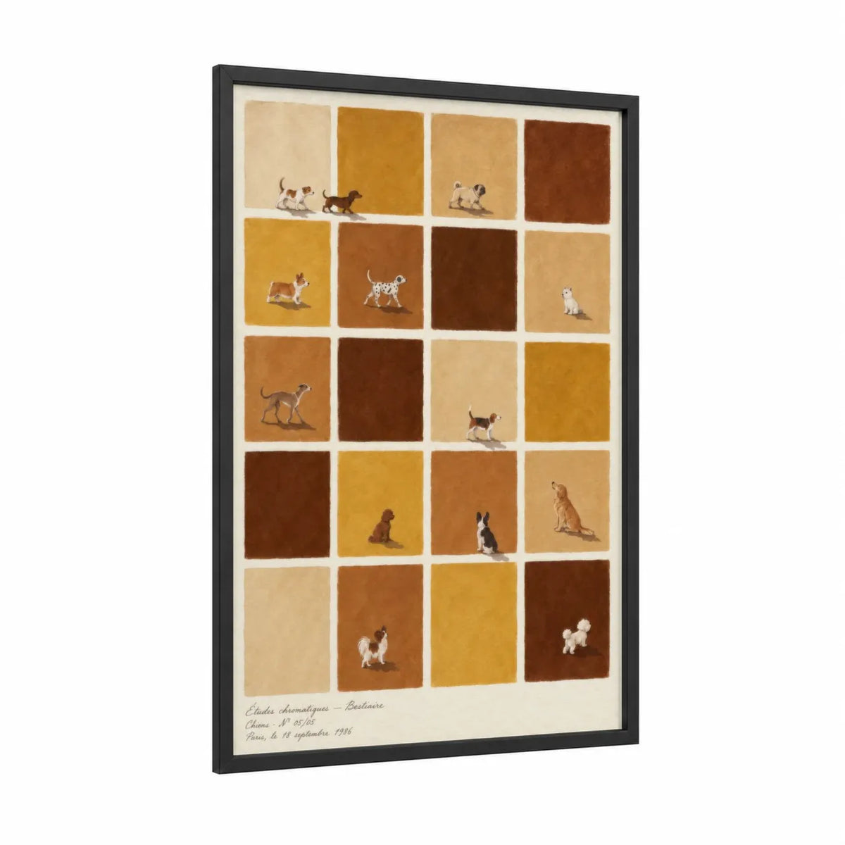 Dog Breed Study Grid Wall Art framed dogs print — black wood frame — brown and beige palette