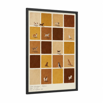 Dog Breed Study Grid Wall Art framed dogs print — black wood frame — brown and beige palette