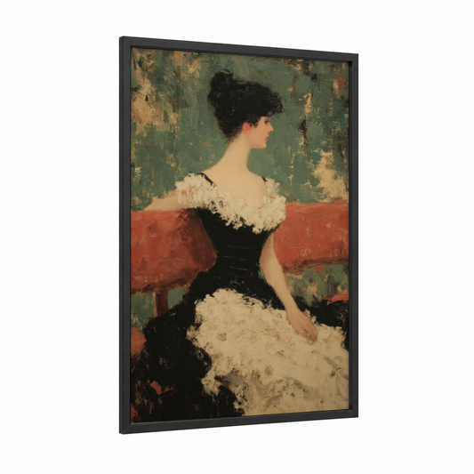 Elegant Lady Portrait framed vintage fashion print — black wood frame — green and rose gold palette