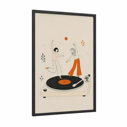 Retro Dancing Couple Vinyl Wall Art framed dance print — black wood frame — orange and beige palette